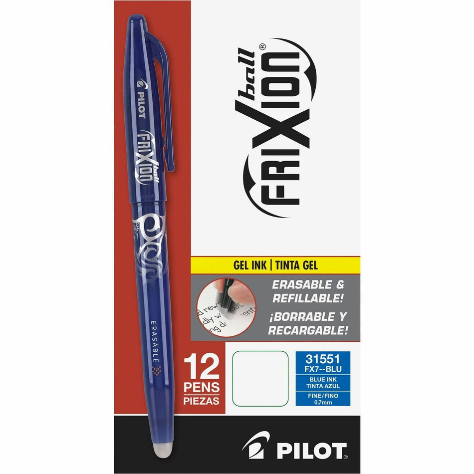 Pilot FriXion Ball Erasable Gel Pens - 0.7 mm Fine Pen Point - Erasable - Blue Ink - Gel-based - Blue Barrel - 1 Dozen