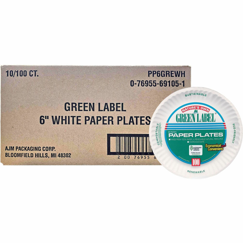 Green Label 6" Green Label Economy Paper Plates - Microwave Safe - 6" Diameter - White - Paper Body - 100/Bag - 10 / Carton
