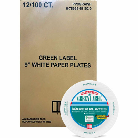 Green Label 9" Green Label Economy Paper Plates - Microwave Safe - 9" Diameter - White - Paper Body - 100/Bag - 12 / Carton