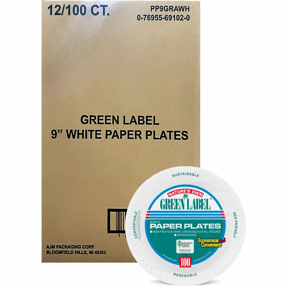 Green Label 9" Green Label Economy Paper Plates - Microwave Safe - 9" Diameter - White - Paper Body - 100/Bag - 12 / Carton