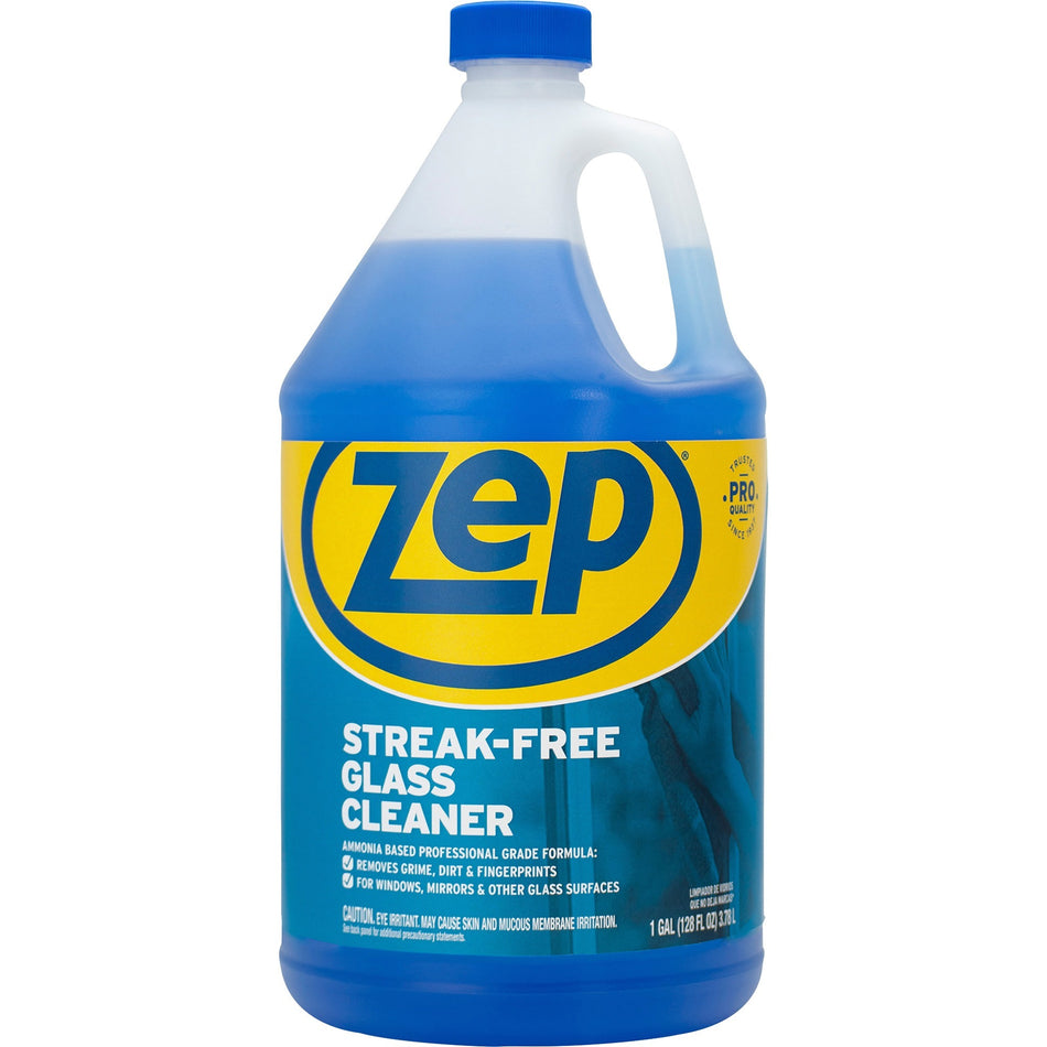 Zep Streak-free Glass Cleaner - For Glass - 128 fl oz (4 quart) - Recommended For: Lipstick Remover, Grease Remover, Fingerprint Remover, Soil Remover - Streak-free, Disinfectant, Heavy Duty - Blue - 1 Each
