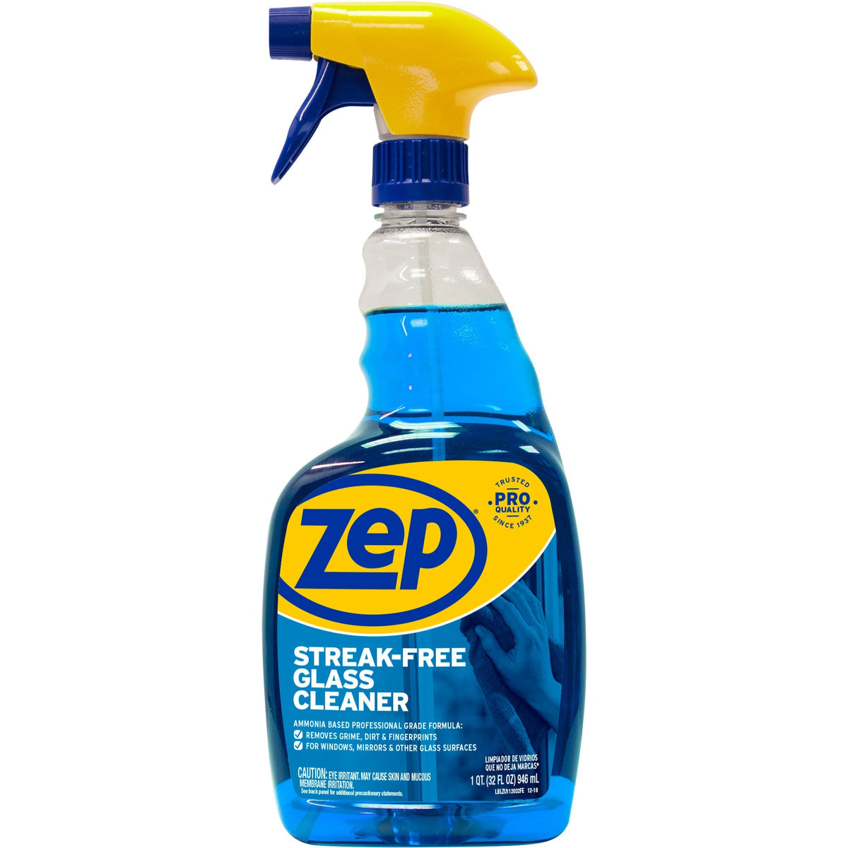 Zep Streak-Free Glass Cleaner - For Glass - 32 fl oz (1 quart) - Recommended For: Fingerprint Remover, Grease Remover, Lipstick Remover, Soil Remover - Quick Drying, Disinfectant, Heavy Duty - Blue - 1 Each