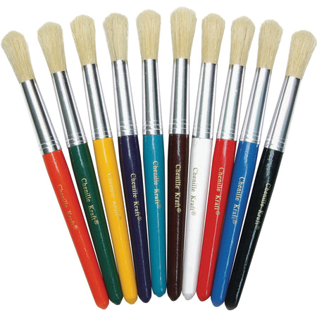 Creativity Street Round Natural Bristle Brushes - 7.50" Plastic Handle - Aluminum Ferrule - 10 / Set