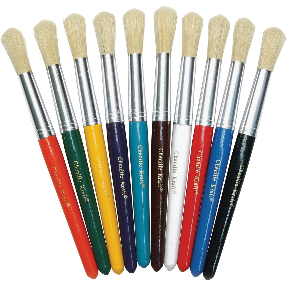 Creativity Street Round Natural Bristle Brushes - 7.50" Plastic Handle - Aluminum Ferrule - 10 / Set