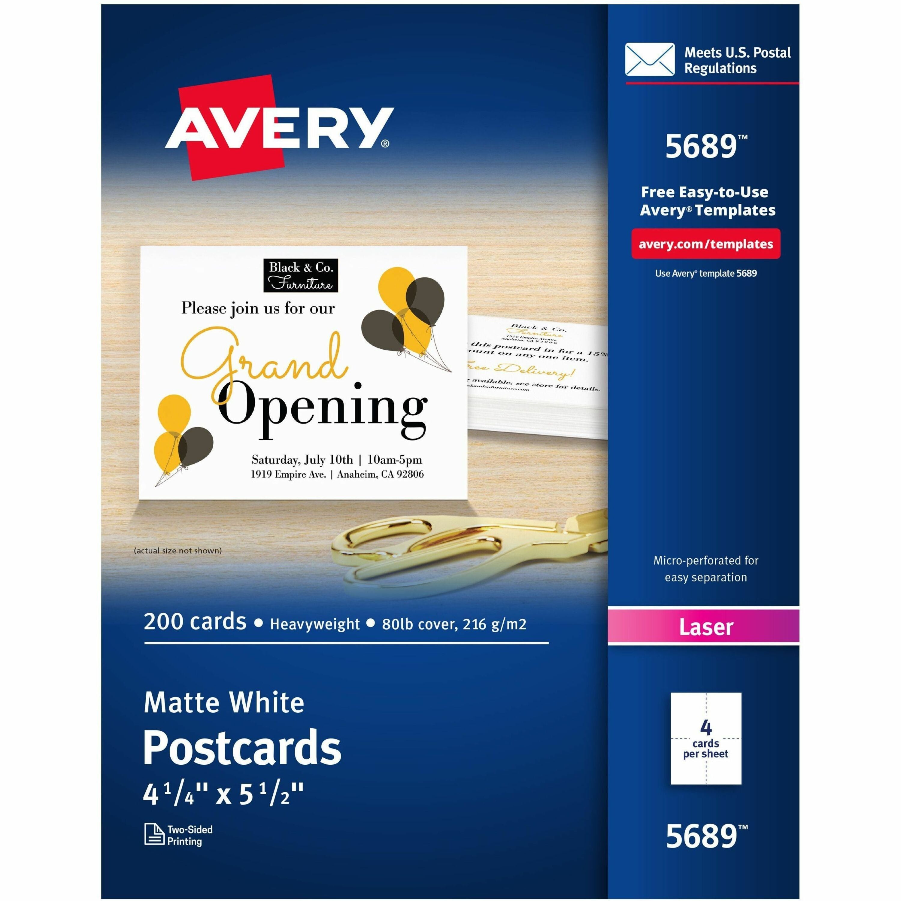 Avery®  Postcards - 97 Brightness - 5 1/2" x 4 1/4" - 80 lb Basis Weight - 216 g/m&#178; Grammage - Matte - Perforated, Heavyweight, Rounded Corner, Jam-free, Smudge-free, Double-sided, Uncoated, Recyclable, Biodegradable, Printable - White - 200 / Box