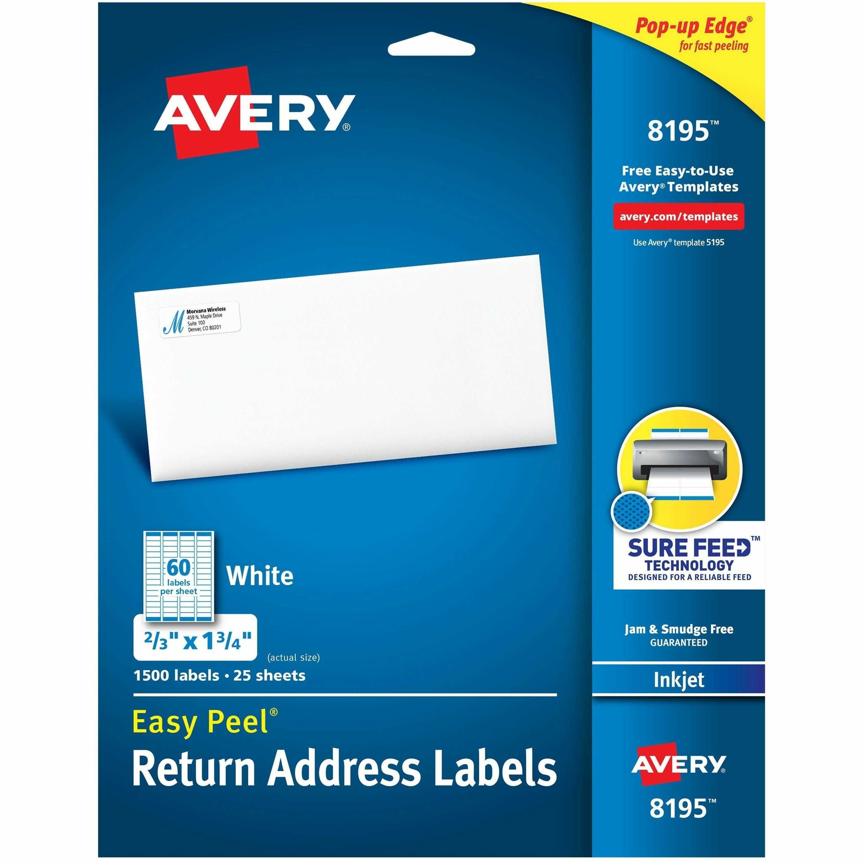 Avery®  Easy Peel Inkjet Return Address Labels - 2/3" Width x 1 3/4" Length - Permanent Adhesive - Rectangle - Inkjet - White - Paper - 60 / Sheet - 25 Total Sheets - 1500 Total Label(s) - 1500 / Pack