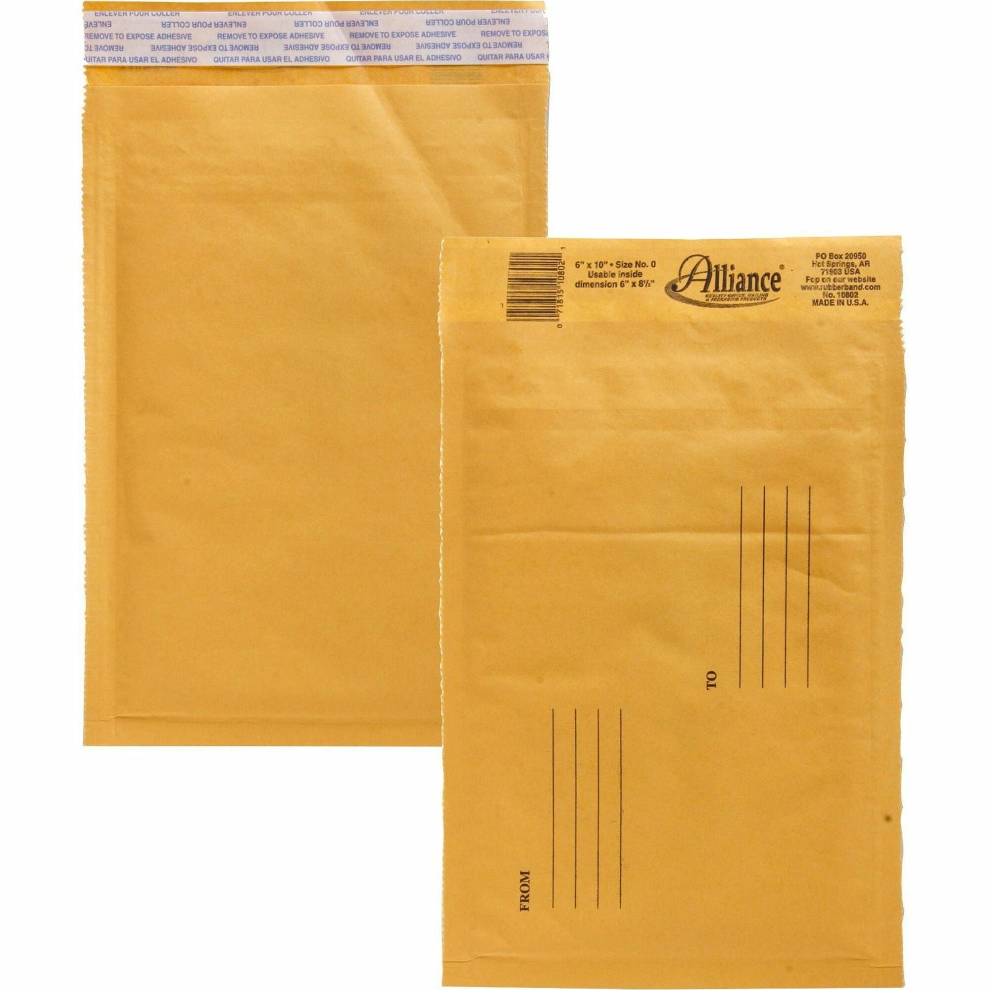 Alliance Rubber Kraft Bubble Mailers - Bubble - #0 - 6" Width x 10" Length - Peel & Seal - Kraft - Paper - 25 / Carton