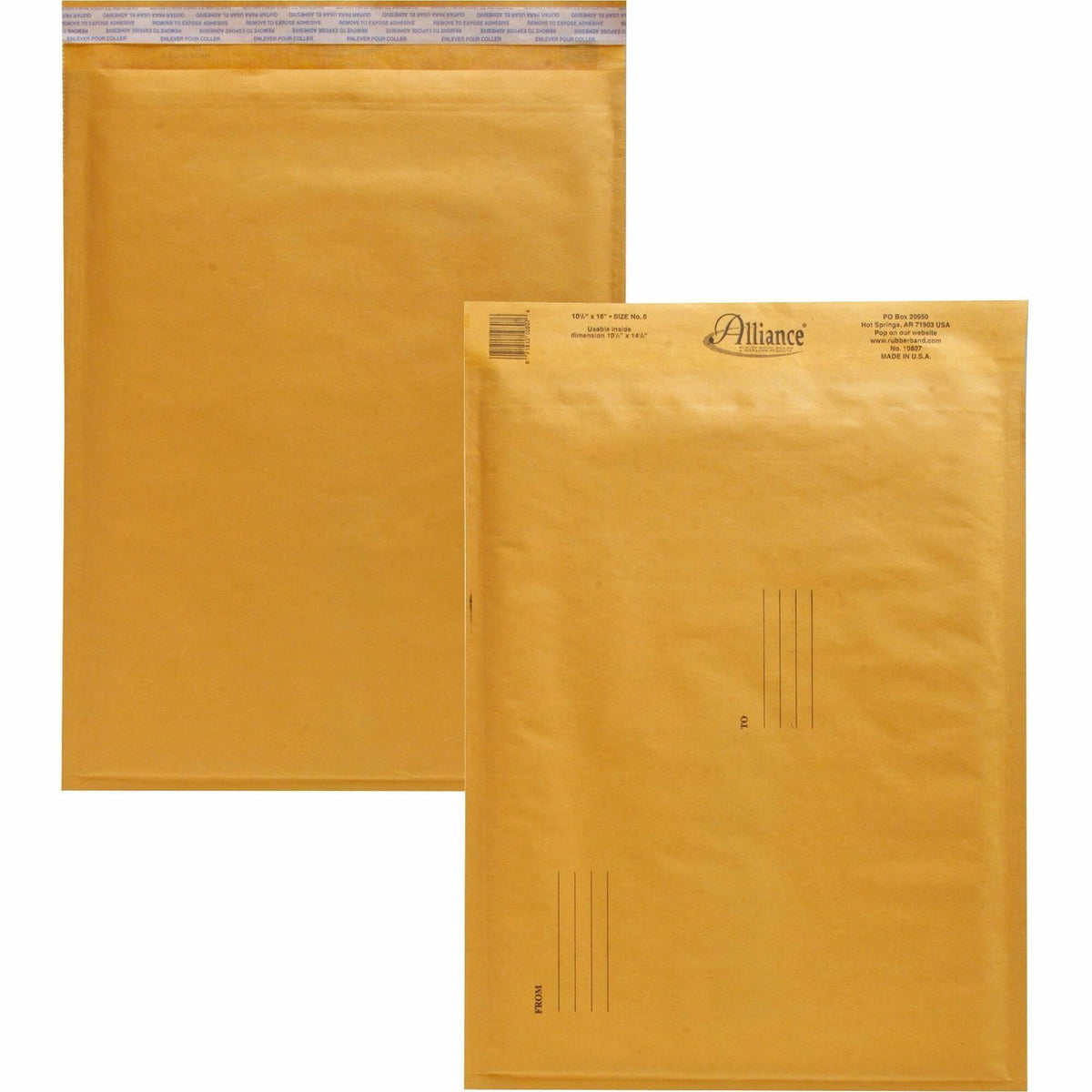 Alliance Rubber Kraft Bubble Mailers - Bubble - #5 - 10 1/2" Width x 16" Length - Peel & Seal - Kraft - Paper - 25 / Carton