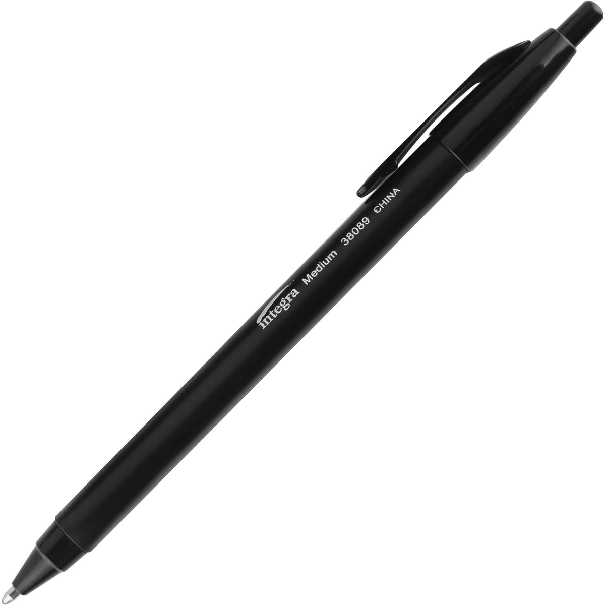Integra Triangular Barrel Retractable Ballpnt Pens - Medium Pen Point - Retractable - Black Ink - Black Plastic Barrel - 1 Dozen