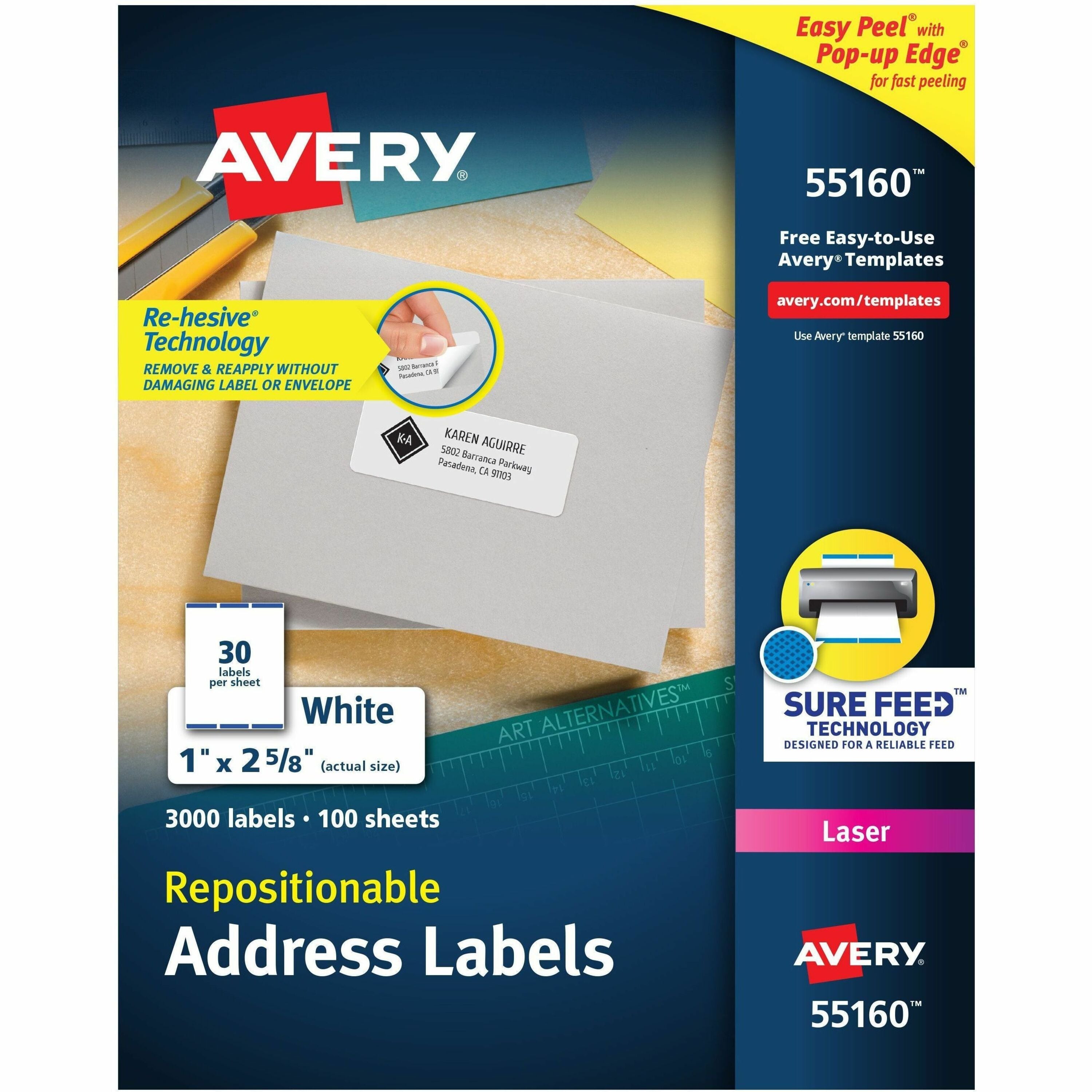 Avery®  Address Labels - 1" Width x 2 5/8" Length - Permanent Adhesive - Rectangle - Laser - Matte White - Matte - Paper - Adhesive, Customizable, Jam Resistant, Removable, Repositionable - 30 / Sheet - 30 Total Sheets - 3000 Total Label(s) - 100 / Box