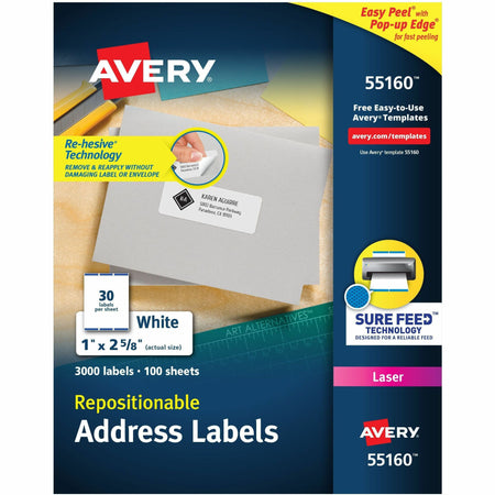 Avery®  Address Labels - 1" Width x 2 5/8" Length - Permanent Adhesive - Rectangle - Laser - Matte White - Matte - Paper - Adhesive, Customizable, Jam Resistant, Removable, Repositionable - 30 / Sheet - 30 Total Sheets - 3000 Total Label(s) - 100 / Box