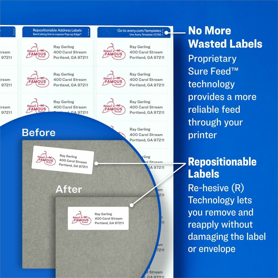 Avery®  Address Labels - 1" Width x 2 5/8" Length - Permanent Adhesive - Rectangle - Laser - Matte White - Matte - Paper - Adhesive, Customizable, Jam Resistant, Removable, Repositionable - 30 / Sheet - 30 Total Sheets - 3000 Total Label(s) - 100 / Box