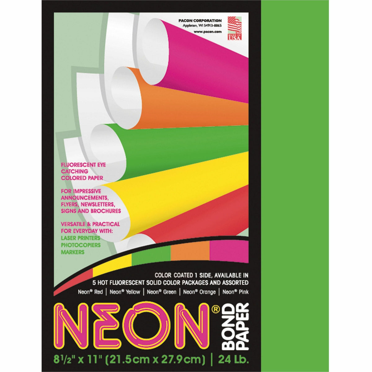 Pacon Neon Multipurpose Paper - Green - Letter - 8 1/2" x 11" - 24 lb Basis Weight - Sustainable Forestry Initiative (SFI) - Neon Green - 100 / Pack
