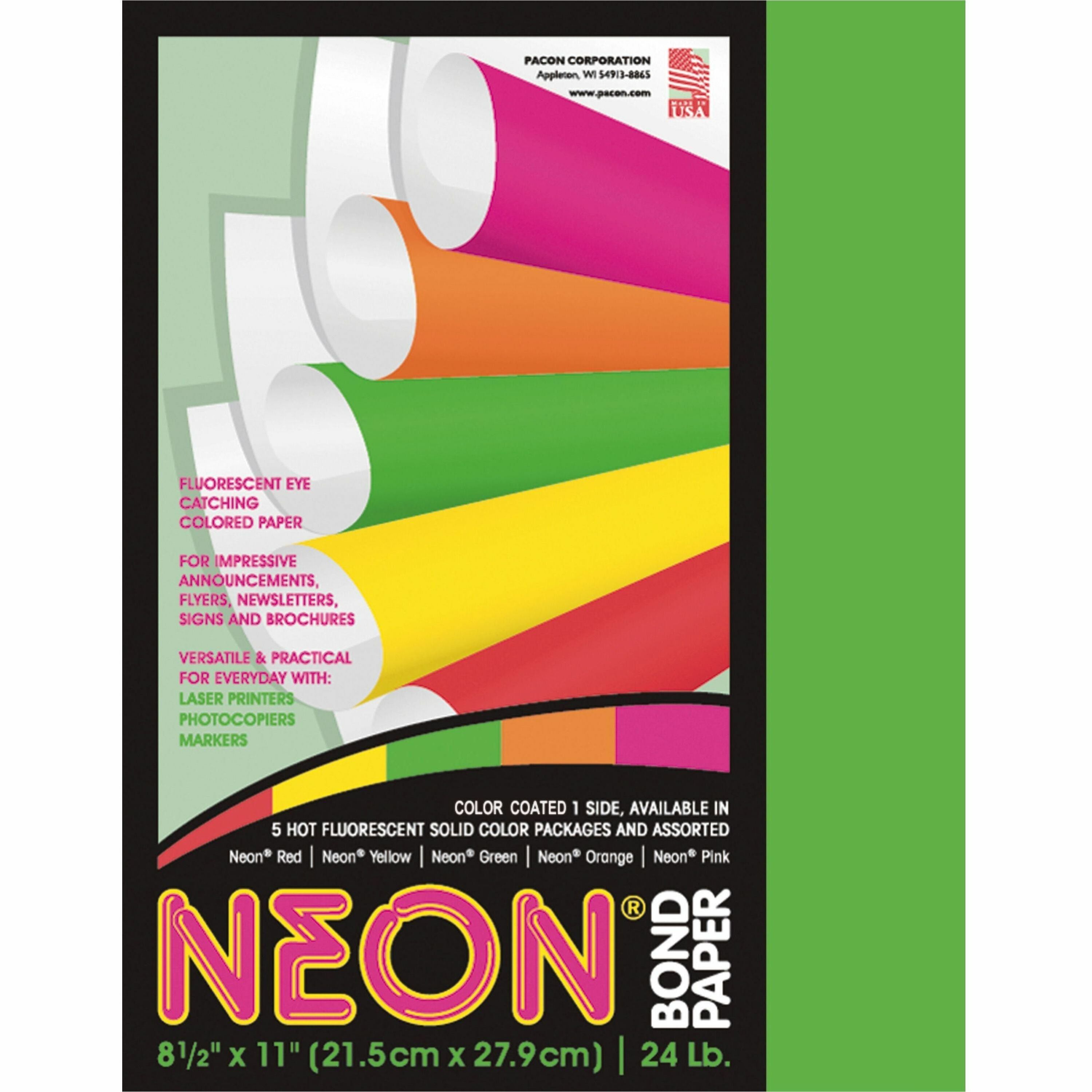 Pacon Neon Multipurpose Paper - Green - Letter - 8 1/2" x 11" - 24 lb Basis Weight - Sustainable Forestry Initiative (SFI) - Neon Green - 100 / Pack