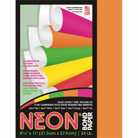 Pacon Neon Bond Paper - Orange - Letter - 8 1/2" x 11" - 24 lb Basis Weight - Sustainable Forestry Initiative (SFI) - Neon Orange - 100 / Pack