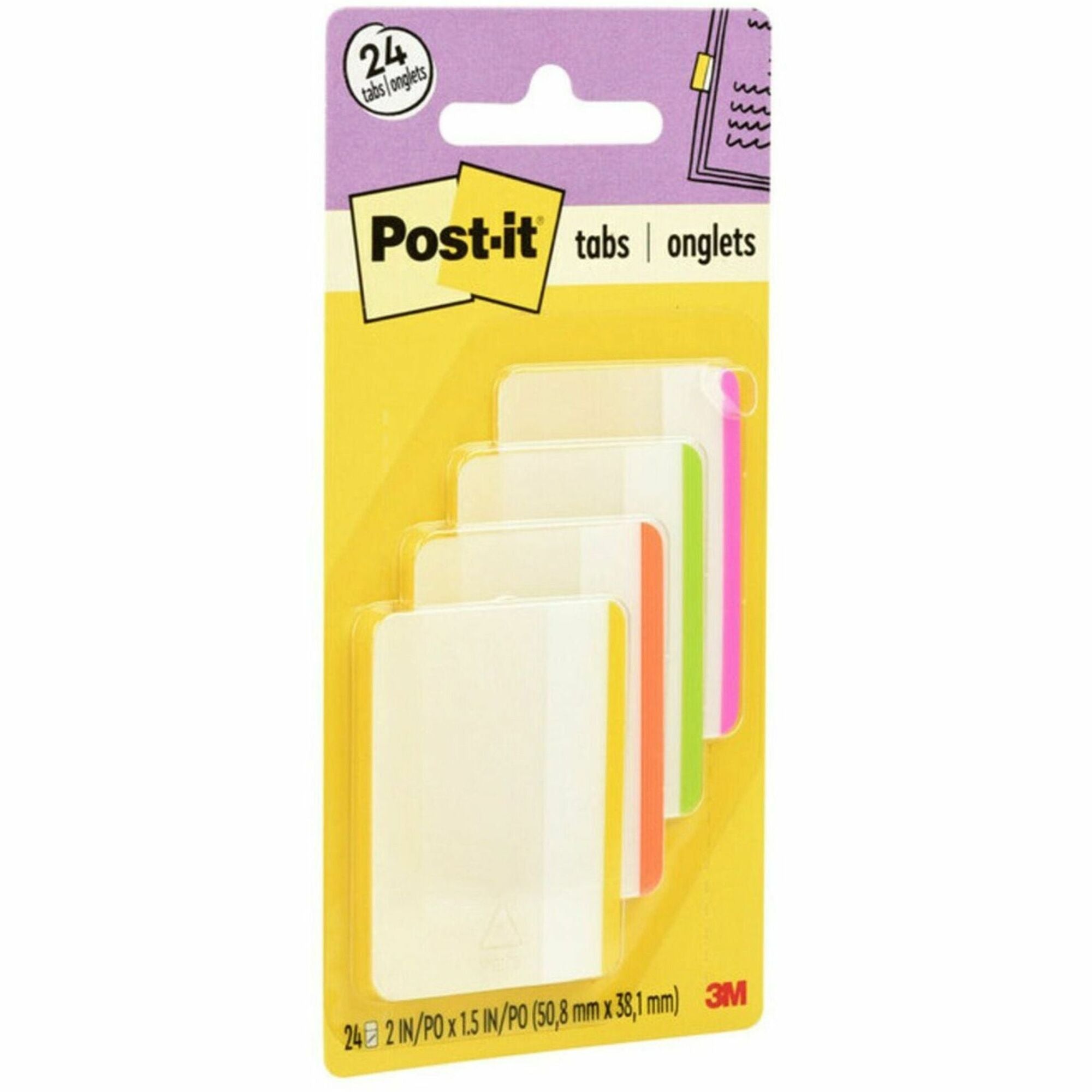 Post-it®  Durable Tabs - Write-on Tab(s) - 1.50" Tab Height x 2" Tab Width - Pink, Green, Orange, Yellow Tab(s) - Repositionable - 24 / Pack
