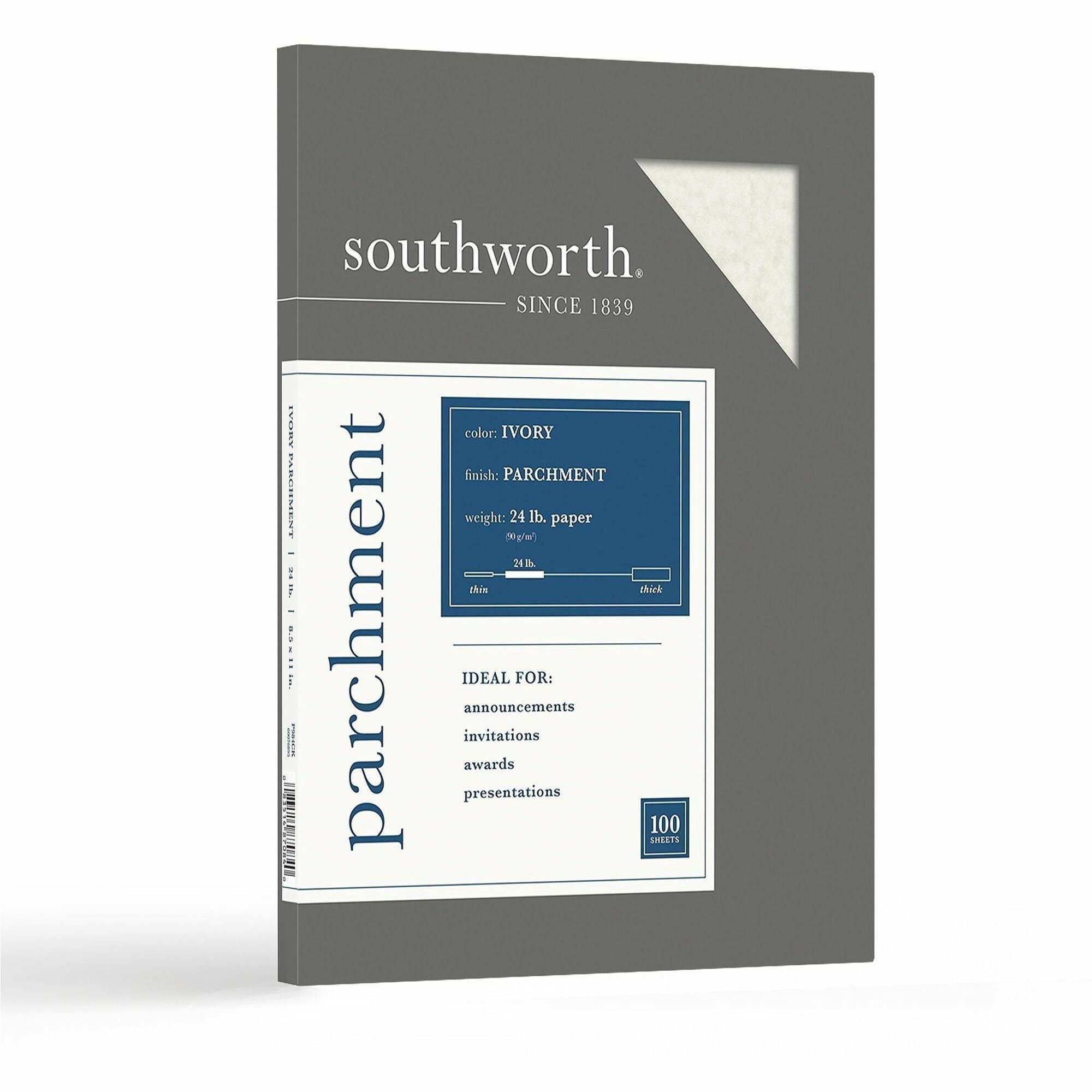 Southworth Parchment Specialty Paper - Letter - 8 1/2" x 11" - 24 lb Basis Weight - Parchment - Acid-free, Lignin-free - Ivory - 100 / Pack