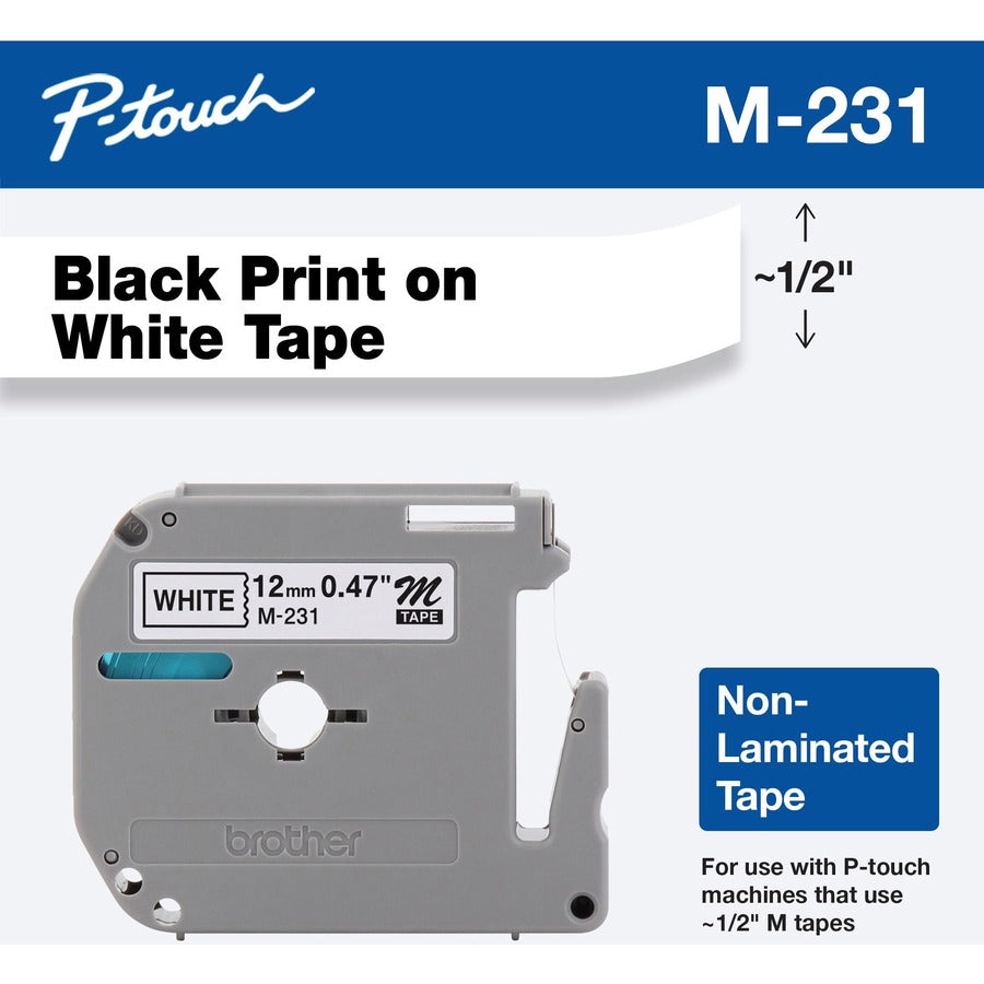 P-touch P-touch Nonlaminated M Series Tape Cartridge - 1/2" Width - Direct Thermal - White - Non-laminated, Self-adhesive - 1 Each