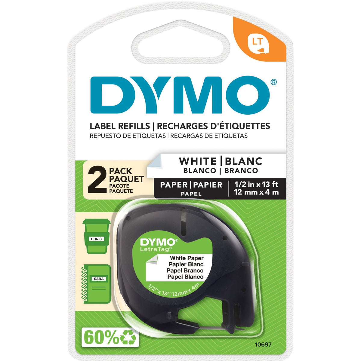 Dymo LetraTag Electronic Labelmaker Tape - 1/2" Width - Direct Thermal - White - Paper - Easy Peel - 2 / Pack