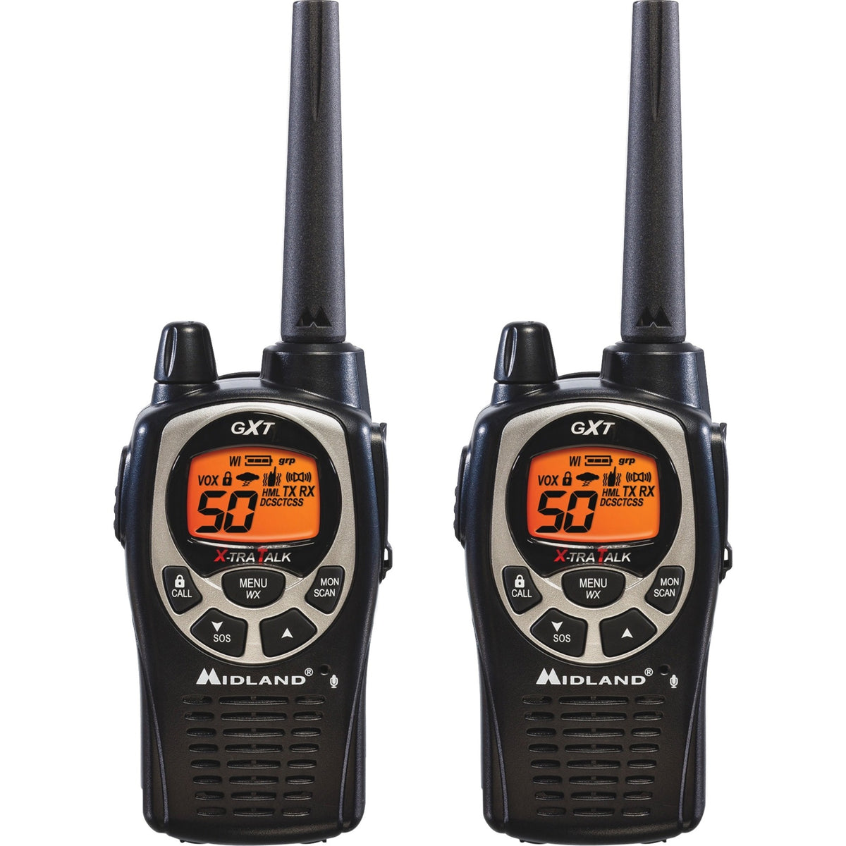 Midland GXT1000VP4 Two-Way Pair - 50 Radio Channels - 22 GMRS - Upto 158400 ft - Auto Squelch, Hands-free, Keypad Lock, Silent Operation - Alkaline - Black, Silver - 2 / Each