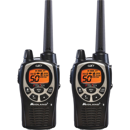 Midland GXT1000VP4 Two-Way Pair - 50 Radio Channels - 22 GMRS - Upto 158400 ft - Auto Squelch, Hands-free, Keypad Lock, Silent Operation - Alkaline - Black, Silver - 2 / Each