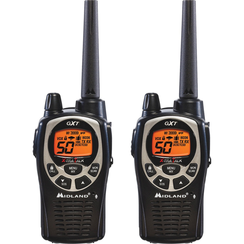 Midland GXT1000VP4 Two-Way Pair - 50 Radio Channels - 22 GMRS - Upto 158400 ft - Auto Squelch, Hands-free, Keypad Lock, Silent Operation - Alkaline - Black, Silver - 2 / Each