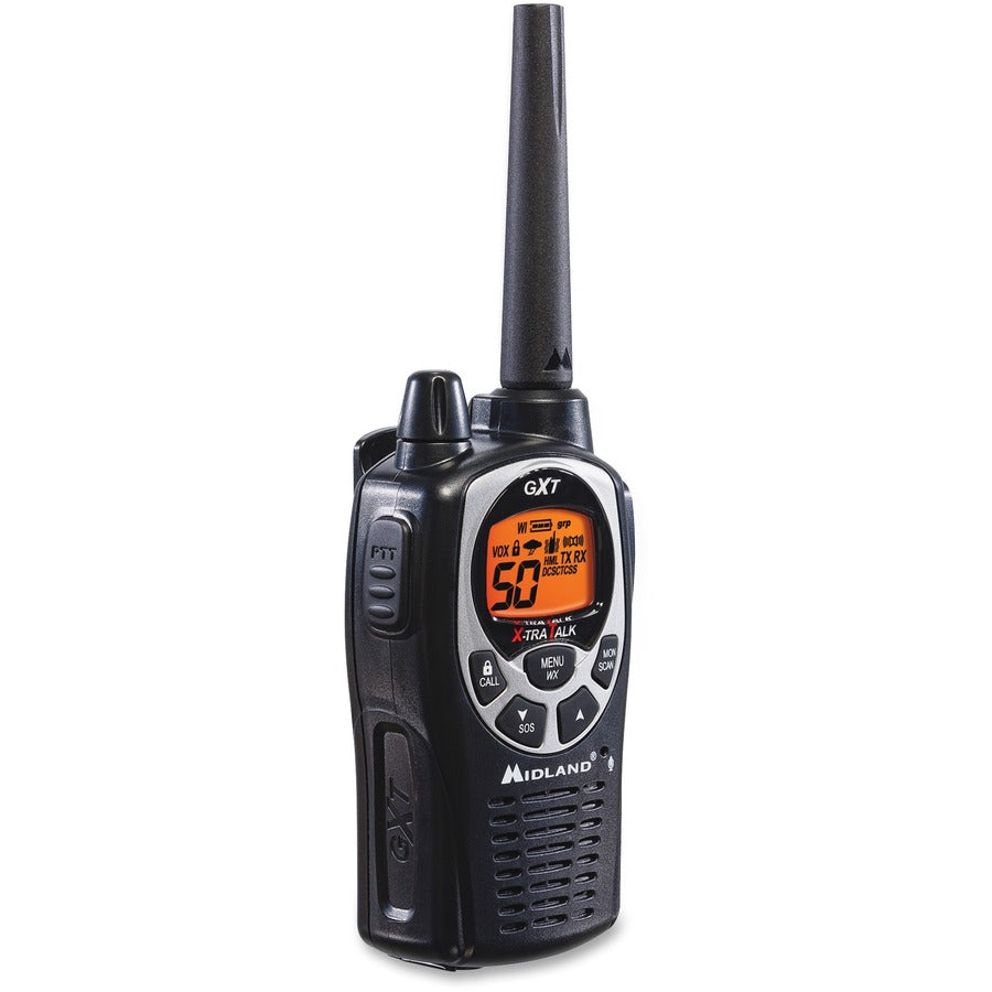 Midland GXT1000VP4 Two-Way Pair - 50 Radio Channels - 22 GMRS - Upto 158400 ft - Auto Squelch, Hands-free, Keypad Lock, Silent Operation - Alkaline - Black, Silver - 2 / Each