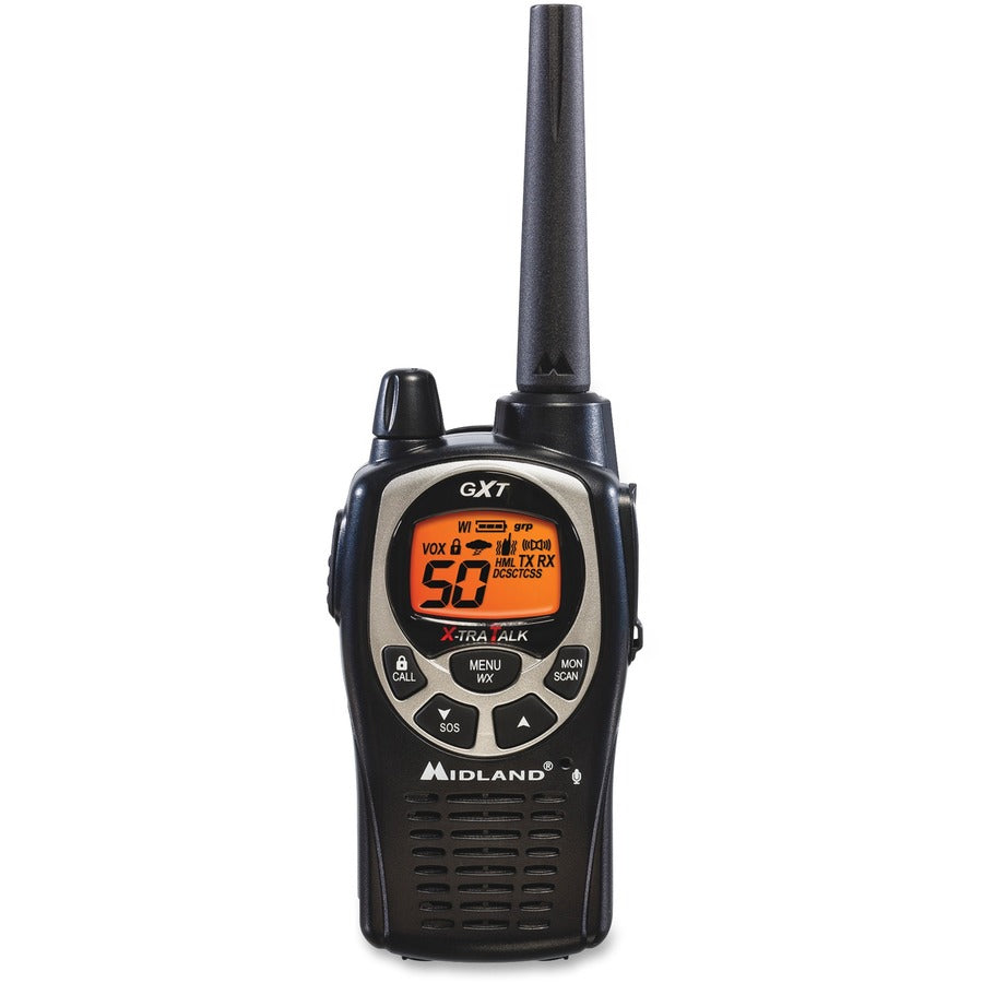 Midland GXT1000VP4 Two-Way Pair - 50 Radio Channels - 22 GMRS - Upto 158400 ft - Auto Squelch, Hands-free, Keypad Lock, Silent Operation - Alkaline - Black, Silver - 2 / Each