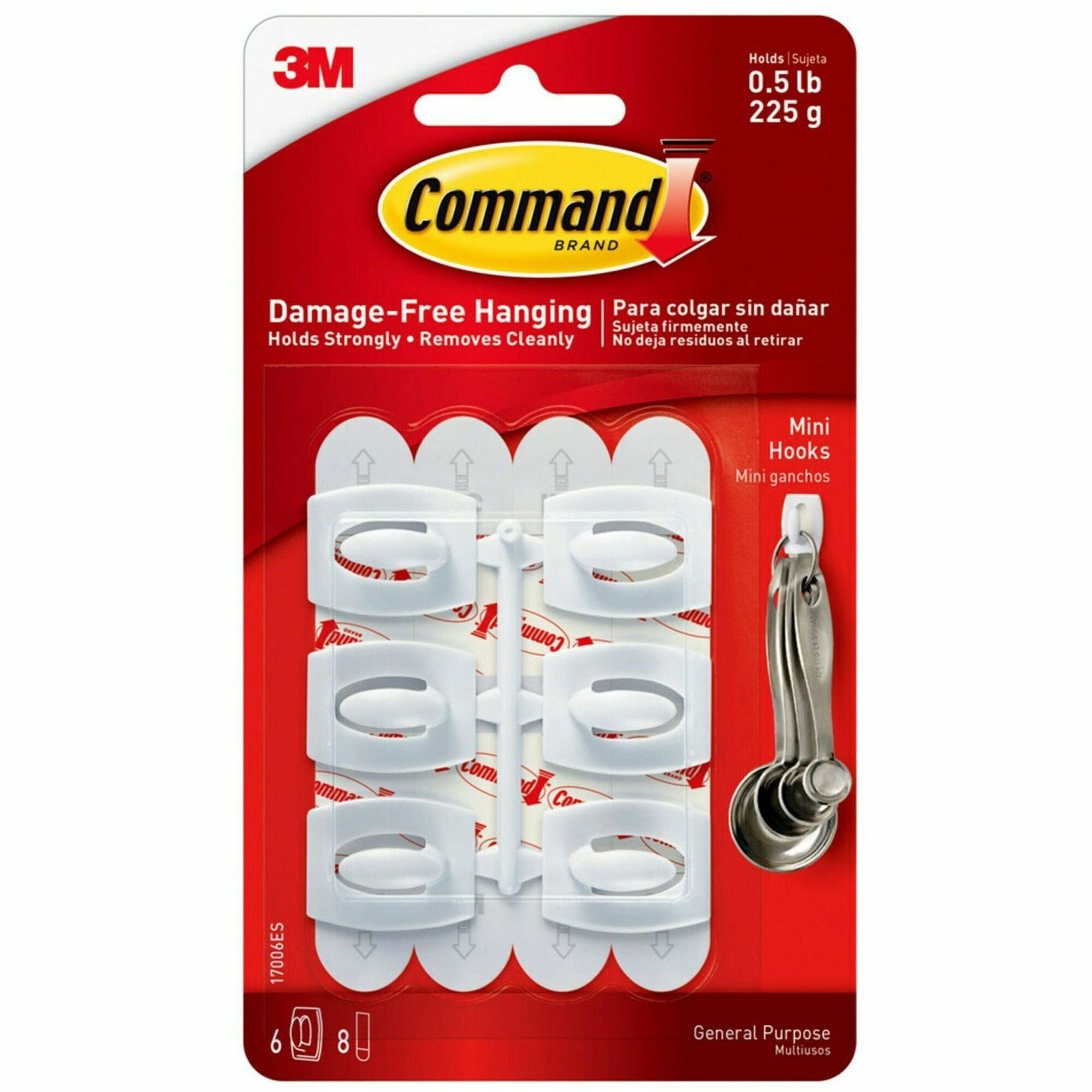 Command Mini White Hooks with White Strips - 6 Small Hook - 8 oz (226.8 g) Capacity - Plastic - White - 6 / Pack