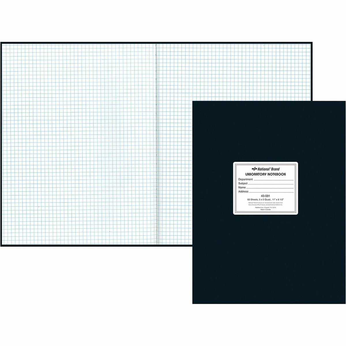 Rediform Quad Ruled Laboratory Notebook - 60 Sheets - 8 1/2" x 11" Sheet Size - White Paper - Black Cover - Hard Cover, Heavyweight - Recycled - 1 Each