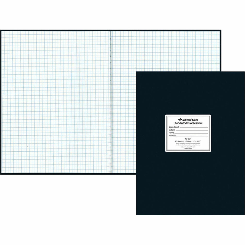 Rediform Quad Ruled Laboratory Notebook - 60 Sheets - 8 1/2" x 11" Sheet Size - White Paper - Black Cover - Hard Cover, Heavyweight - Recycled - 1 Each