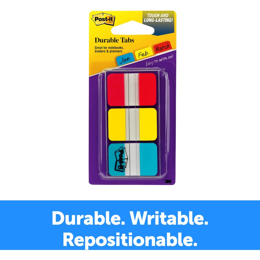 Post-it®  Durable Tabs - 36 Write-on Tab(s) - 1.50" Tab Height x 1" Tab Width - Red, Yellow, Blue Tab(s) - Wear Resistant, Tear Resistant, Repositionable - 36 / Pack