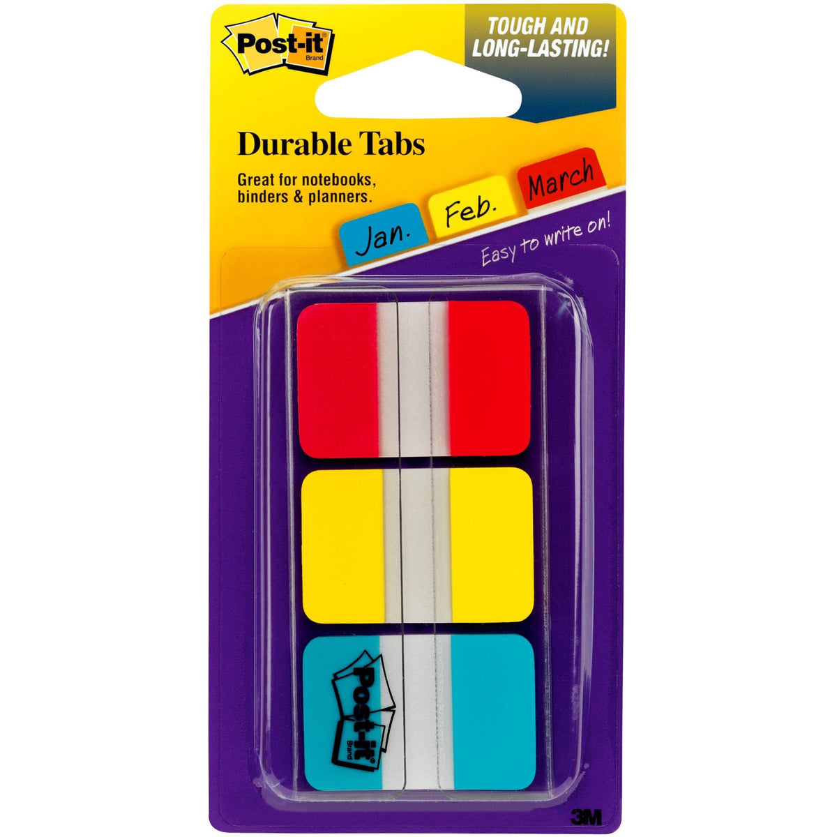 Post-it®  Durable Tabs - 36 Write-on Tab(s) - 1.50" Tab Height x 1" Tab Width - Red, Yellow, Blue Tab(s) - Wear Resistant, Tear Resistant, Repositionable - 36 / Pack