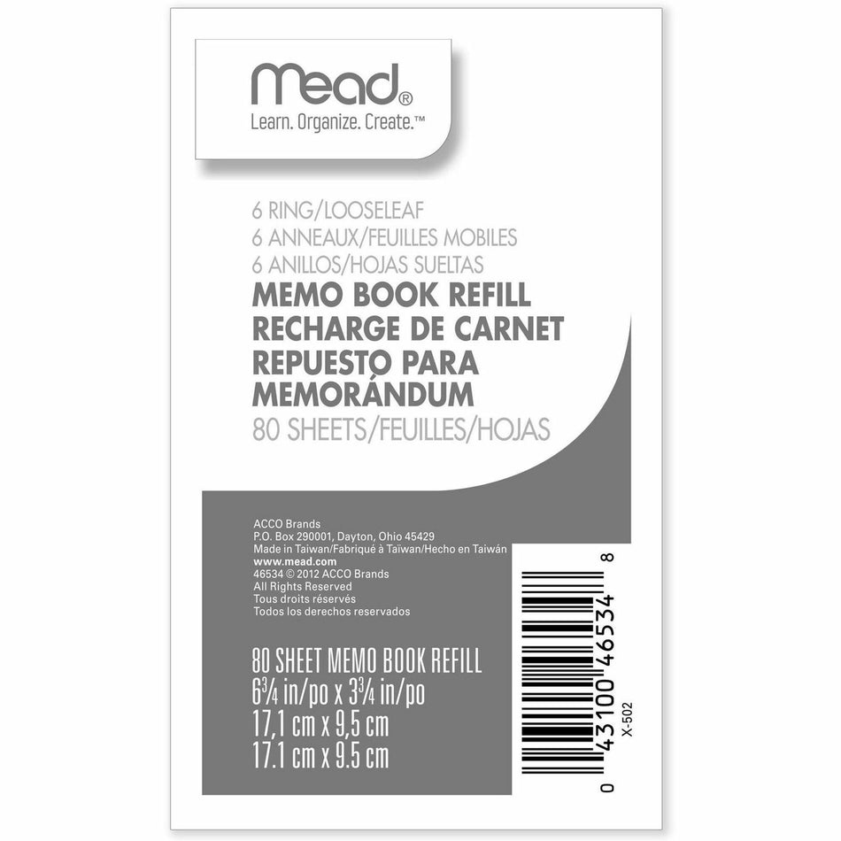 Mead Memo Book Refill Pages - 80 Sheets - 3 3/4" x 6 3/4" Sheet Size - White Paper - Assorted Cover - 1 Each