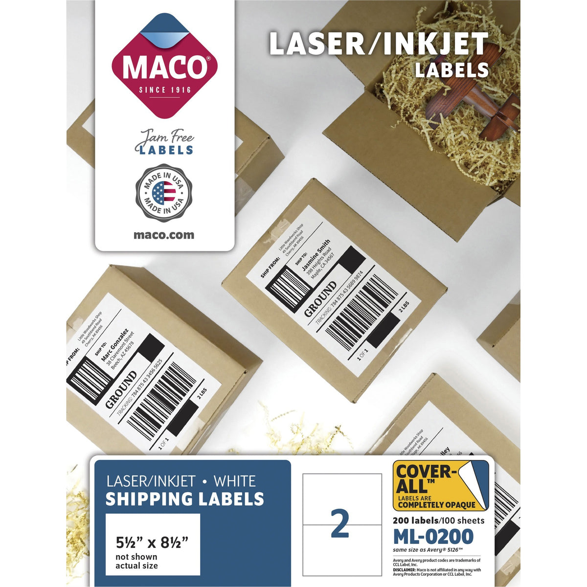 Maco White Half-sheet Internet Labels - 5 1/2" Width x 8 1/2" Length - Permanent Adhesive - Rectangle - Inkjet, Laser - White - Lignin-free - 2 / Sheet - 200 / Box
