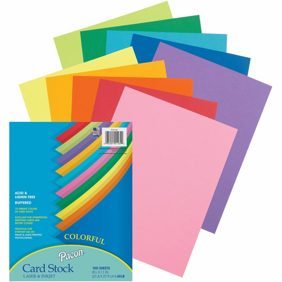 Pacon Colorful Card Stock Sheets - Letter - 8 1/2" x 11" - 65 lb Basis Weight - Sustainable Forestry Initiative (SFI) - Assorted - 100 / Pack
