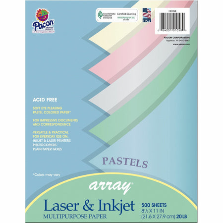 Pacon Pastel Multipurpose Paper - Pastel - Letter - 8 1/2" x 11" - 20 lb Basis Weight - Sustainable Forestry Initiative (SFI) - Pastel Lilac, Pastel Gray, Pastel Ivory, Pastel Sky Blue, Pastel Watermelon - 500 / Ream