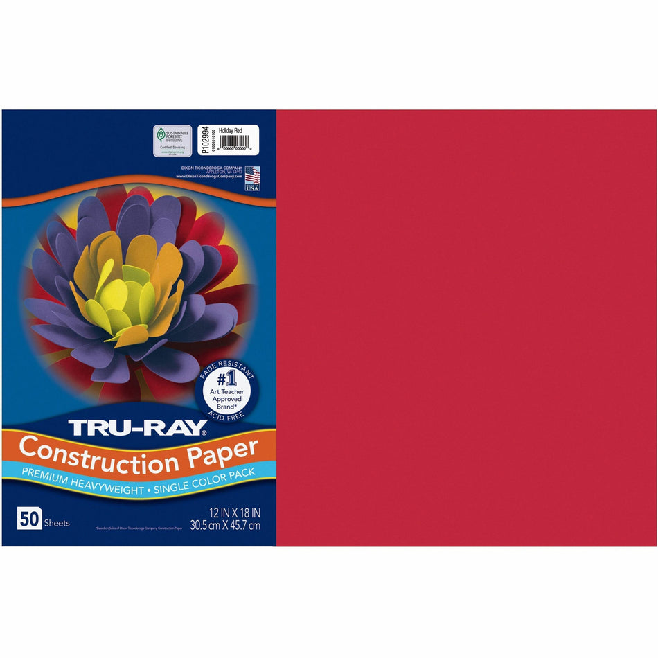 Tru-Ray Heavyweight Construction Paper - 18" Width x 12" Length - Holiday Red - Sulphite - 50 / Pack