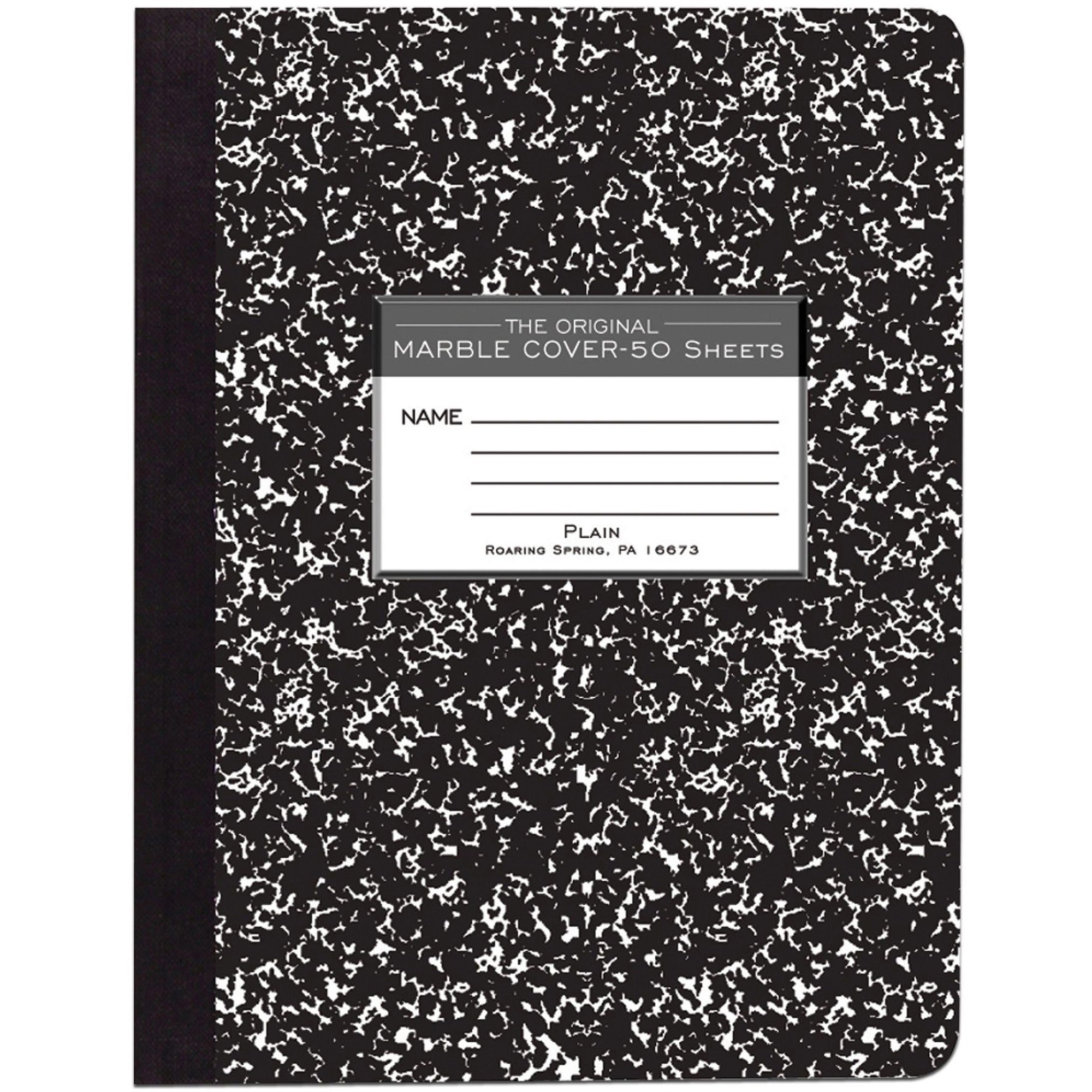 Roaring Spring Unruled Hard Cover Composition Book - 50 Sheets - 100 Pages - Plain - Sewn/Tapebound - 15 lb Basis Weight - 56 g/m&#178; Grammage - 9 3/4" x 7 1/2" Sheet Size - 0.25" Height x 7.5" Width x 9.8" Length - White Paper - Black Binding - 1 Each