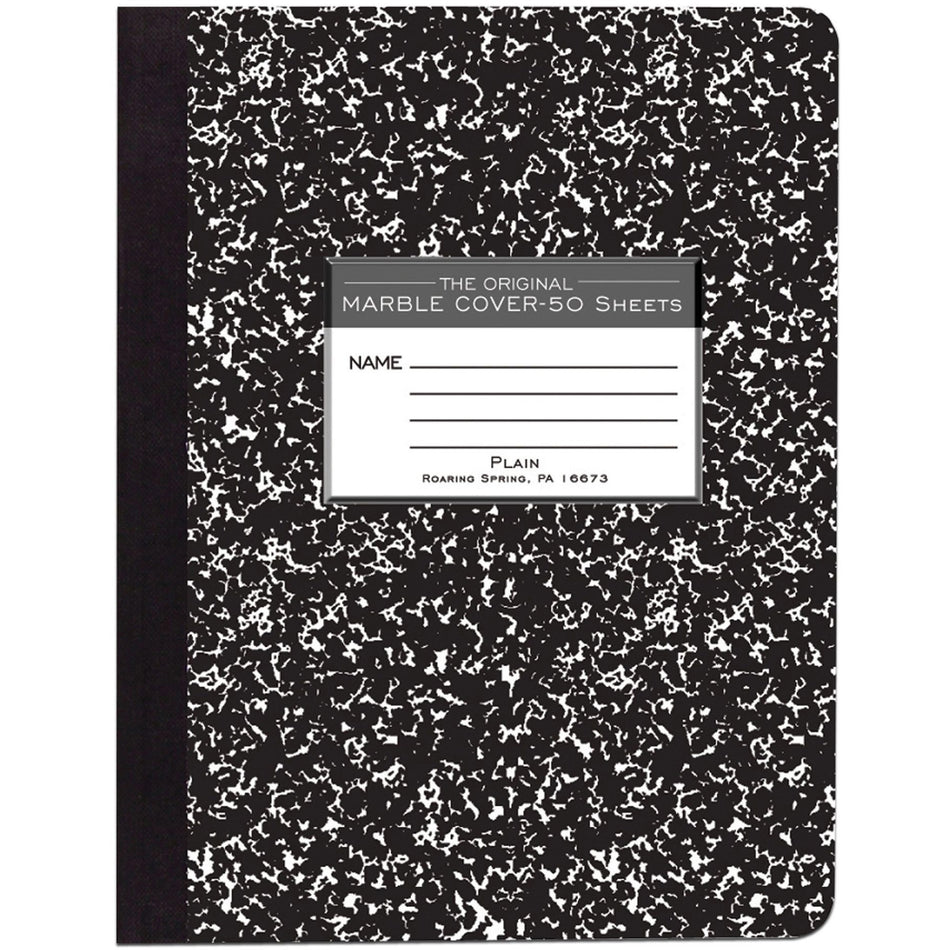 Roaring Spring Unruled Hard Cover Composition Book - 50 Sheets - 100 Pages - Plain - Sewn/Tapebound - 15 lb Basis Weight - 56 g/m&#178; Grammage - 9 3/4" x 7 1/2" Sheet Size - 0.25" Height x 7.5" Width x 9.8" Length - White Paper - Black Binding - 1 Each