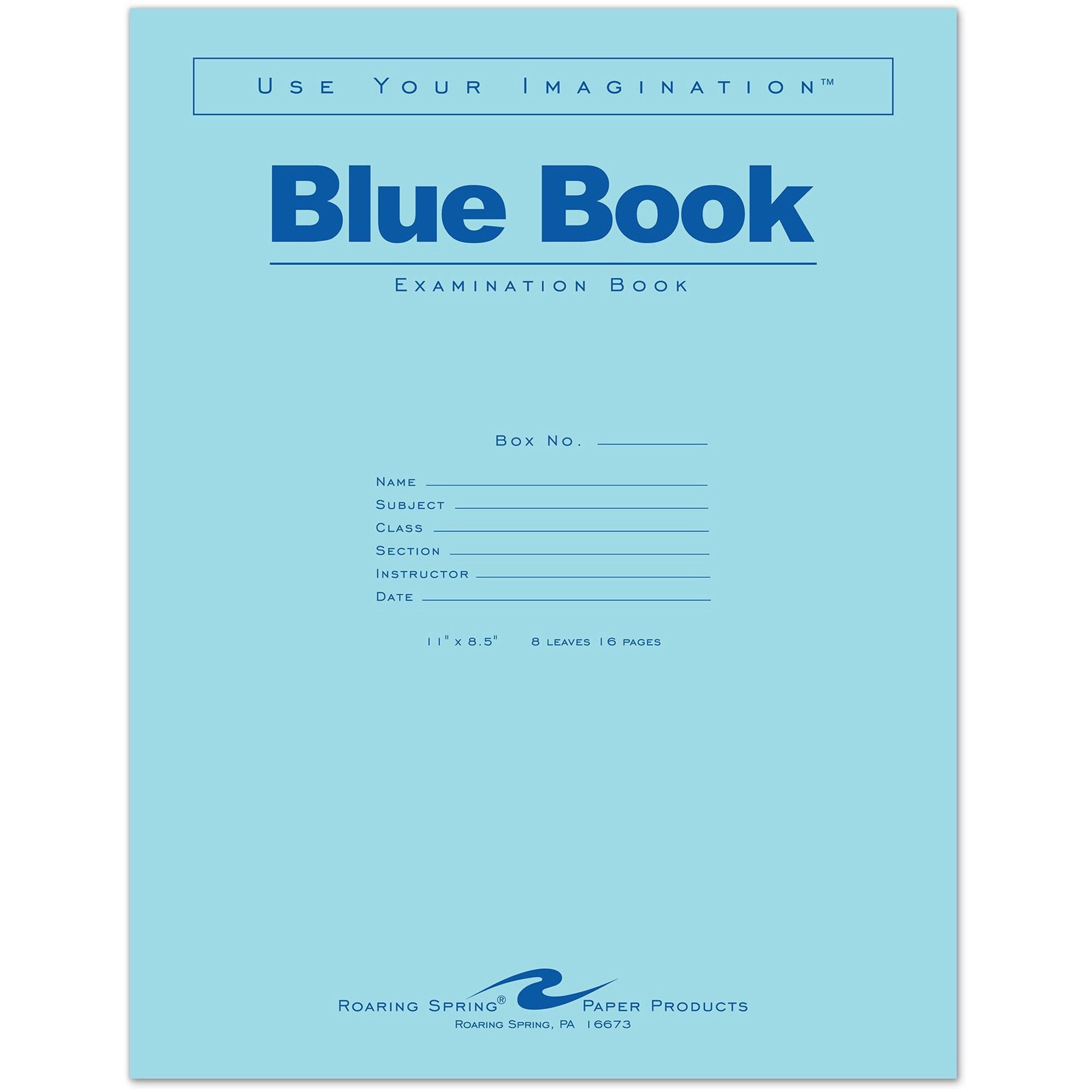 Roaring Spring 8 - sheet Blue Examination Book - Letter - 8 Sheets - 16 Pages - Stapled - Red Margin - 15 lb Basis Weight - Letter - 8 1/2" x 11" Sheet Size - White Paper - Blue Cover - 50 / Pack