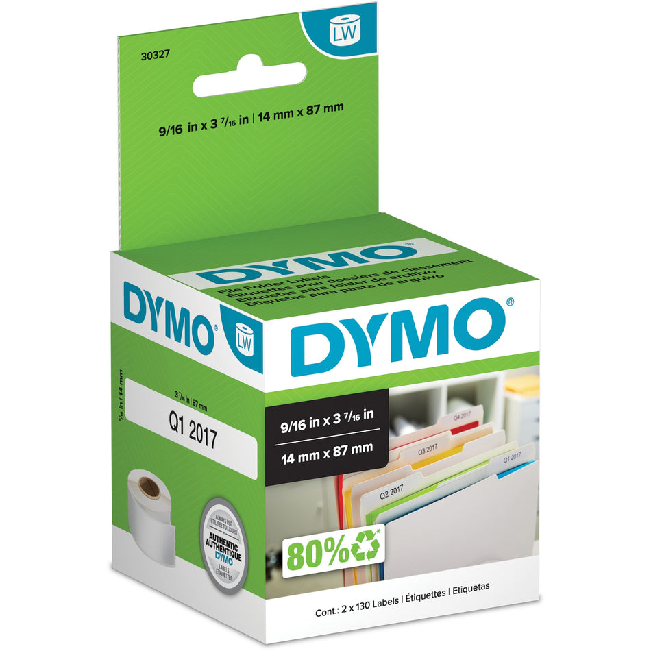 Dymo 30327 Labelwriter File Folder Labels - x 9/16" Width x 3 7/16" Length - Roll - Direct Thermal - White - 130 / Roll - 2 / Box