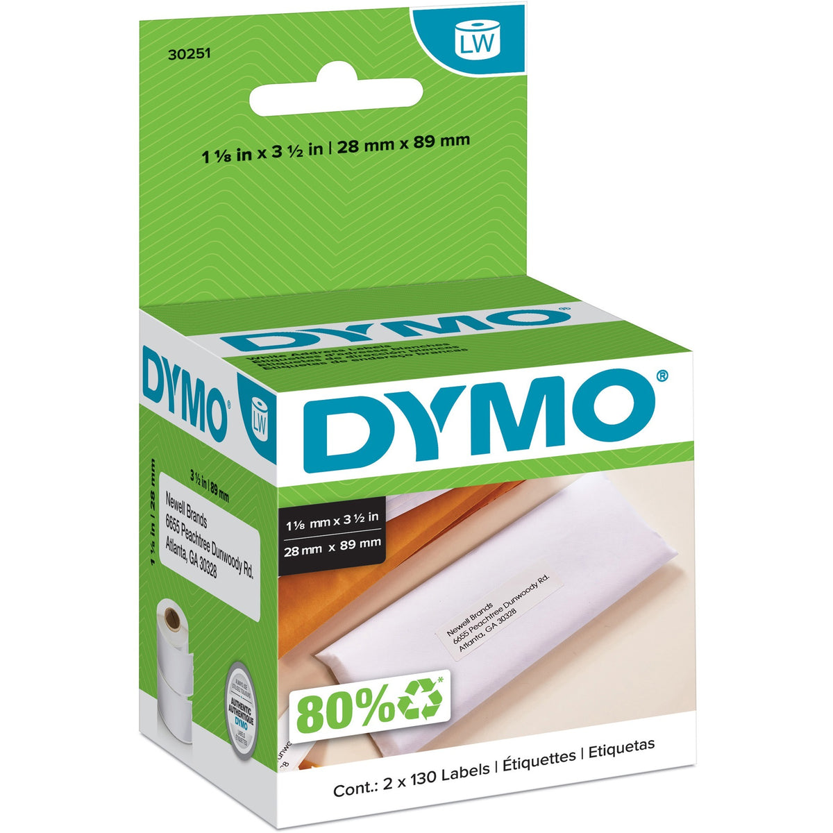 Dymo White Address Labels - 3 1/2" Width x 1 1/8" Length - Permanent Adhesive - Rectangle - Direct Thermal - White - Paper - Self-adhesive - 130 / Roll - 2 / Box