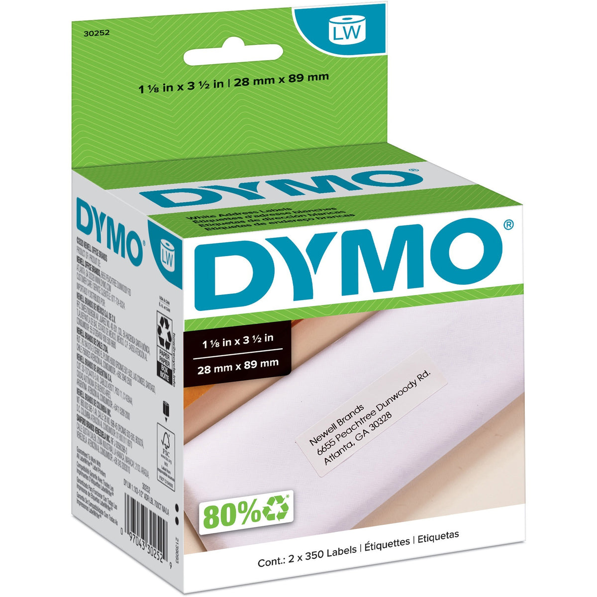Dymo LabelWriter Address Labels - 1 1/8" Width x 3 1/2" Length - White - Paper - Self-adhesive - 350 / Roll - 2 / Box