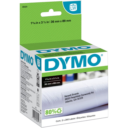 Dymo Large Address Labels - 1 2/5" Width x 3 1/2" Length - Rectangle - Inkjet - White - 260 / Roll - 2 / Box