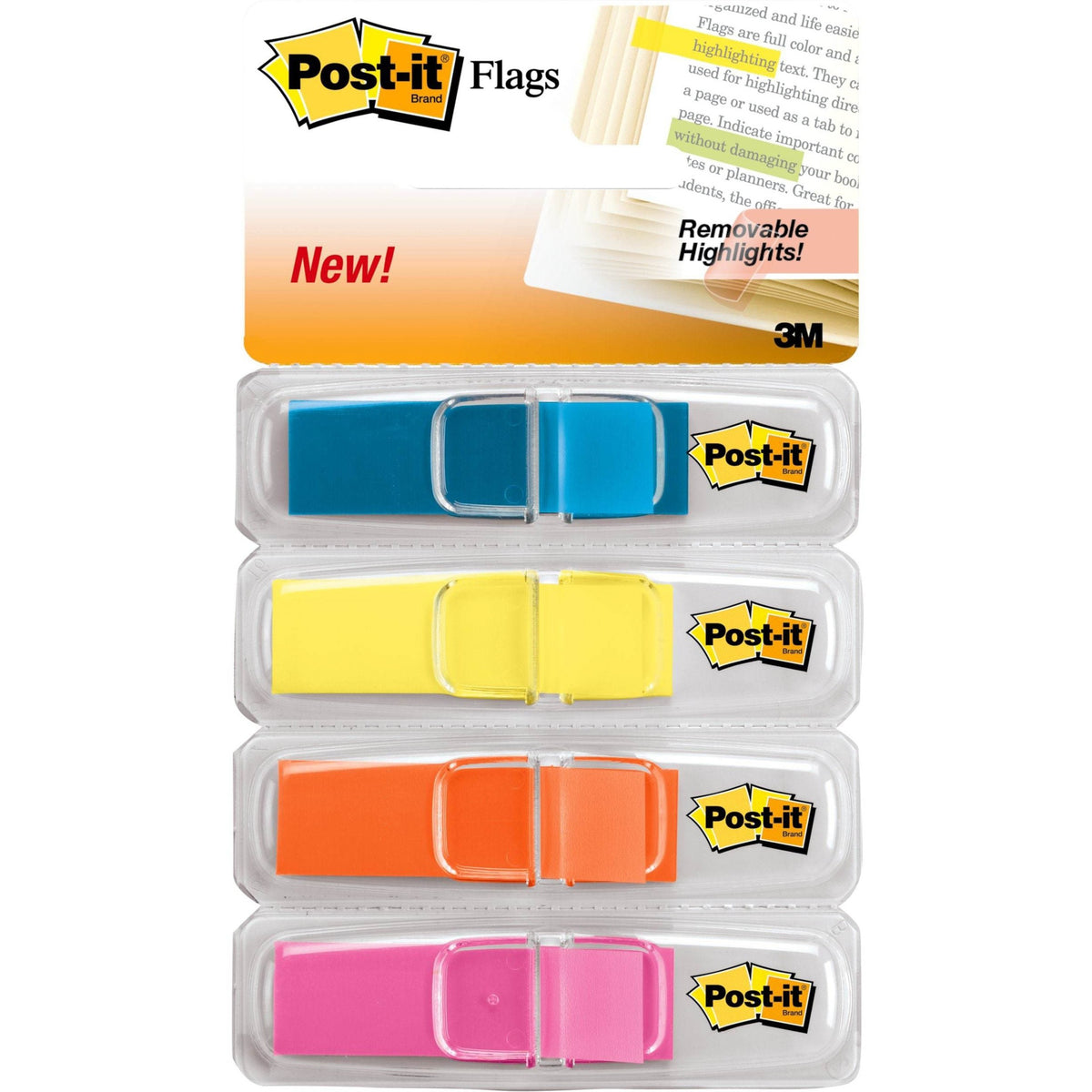 Post-it®  Flags - 1/2" Flag/Note Width x 1 3/4" Flag/Note Length - Rectangle - Unruled - Blue, Pink, Yellow, Orange - Removable, Self-adhesive, Residue-free, Repositionable - Dispenser Included - 140 / Pack