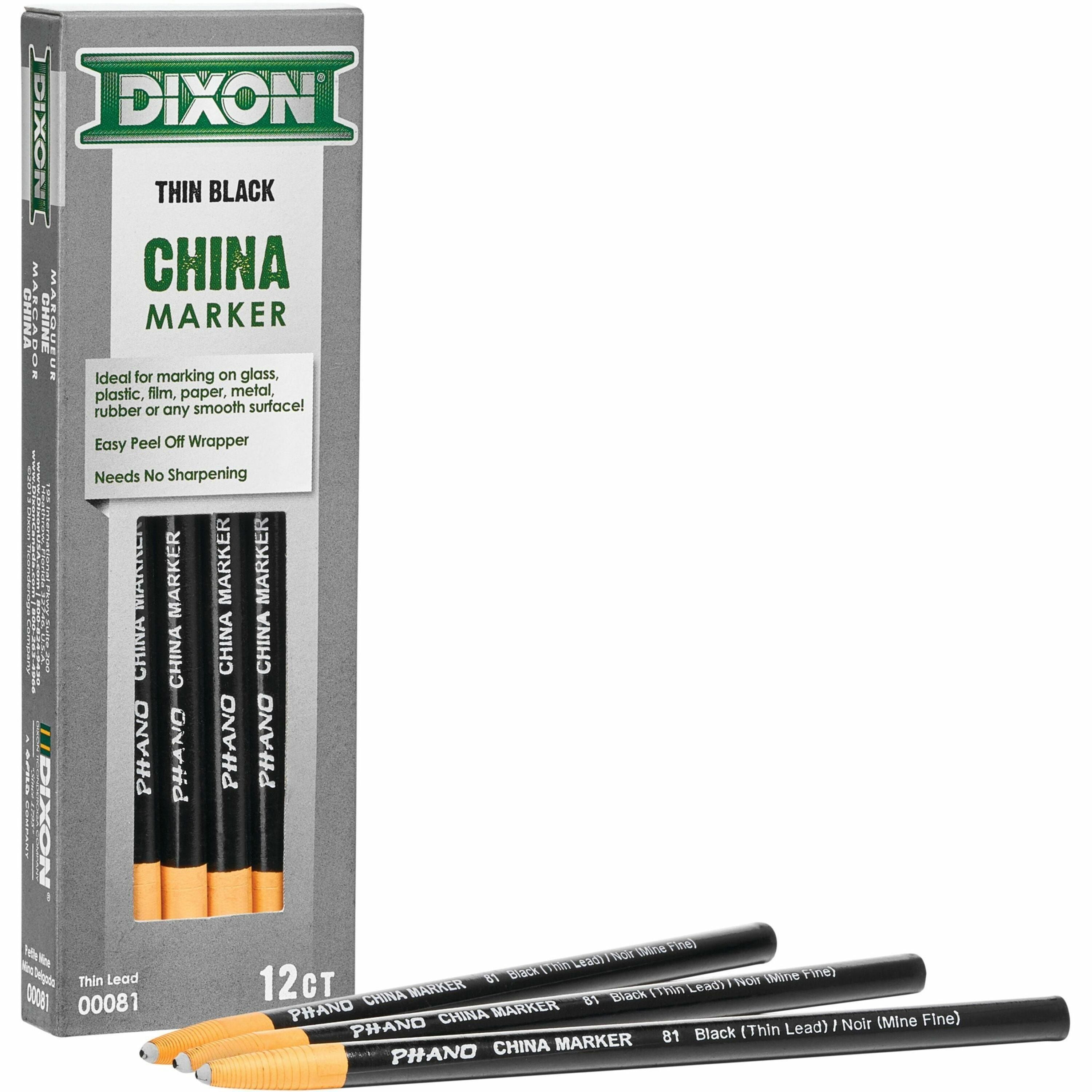 Dixon Industrial Phano Nontoxic China Markers - Black Lead - Black Barrel - 1 Dozen
