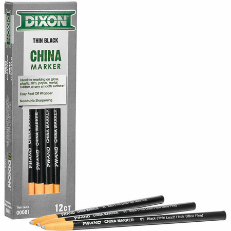 Dixon Industrial Phano Nontoxic China Markers - Black Lead - Black Barrel - 1 Dozen
