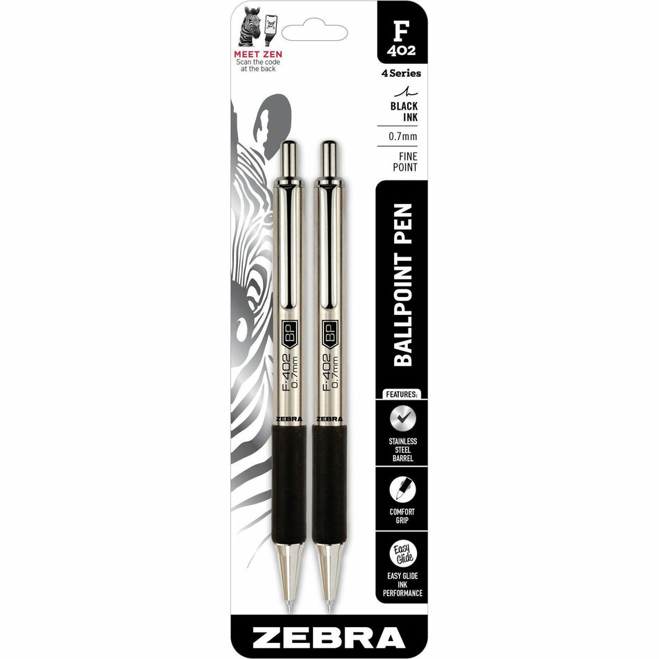 Zebra STEEL 4 Series F-402 Retractable Ballpoint Pen - 0.7 mm Fine Pen Point - Refillable - Retractable - Black Ink - Stainless Steel Barrel - 2 / Pack