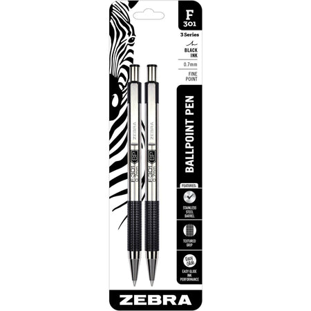 Zebra STEEL 3 Series F-301 Retractable Ballpoint Pen - 0.7 mm Fine Pen Point - Refillable - Retractable - Black Ink - Stainless Steel Barrel - 2 / Pack